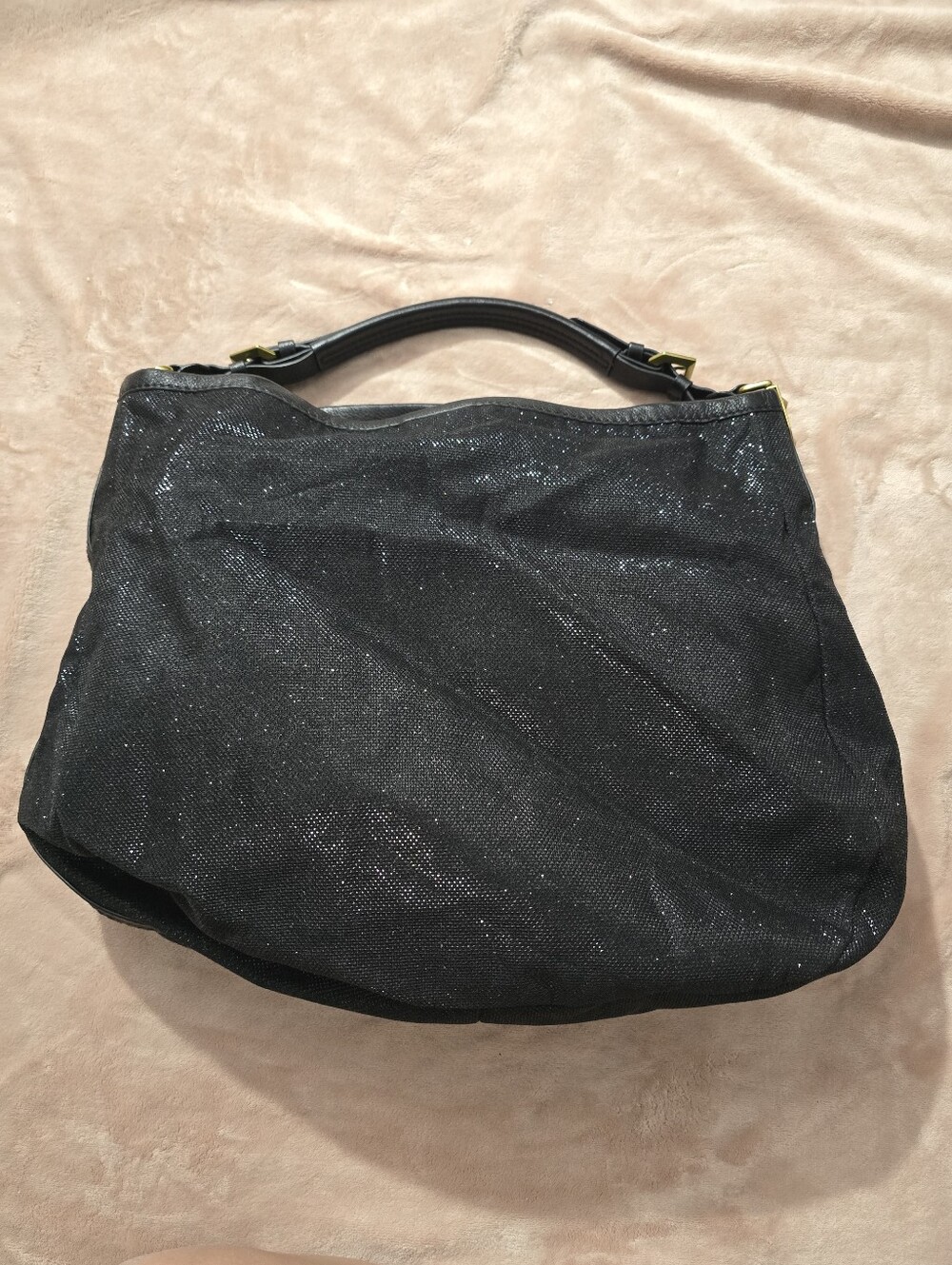 Vintage orYANY Hobo Bag Leather Accent purse/shoulder Large Black Sparkle Fabric